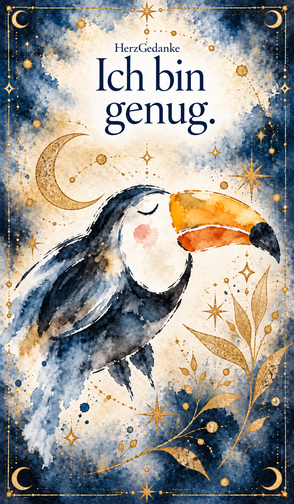 Ich bin genug. HerzGedanke-Karte in Aquarell mit goldenen Ornamenten.