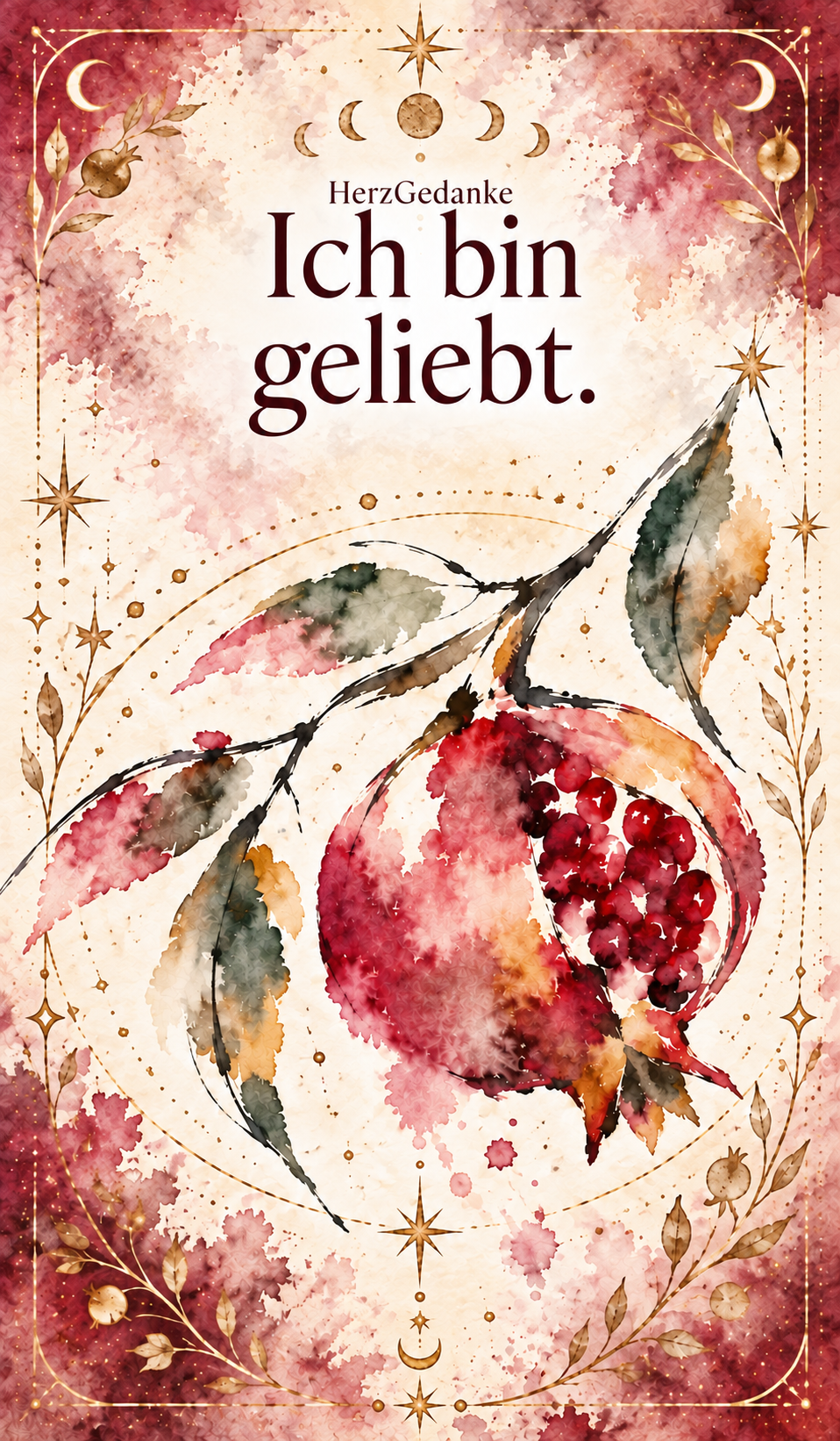 Ich bin geliebt. HerzGedanke-Karte in Aquarell mit goldenen Ornamenten.
