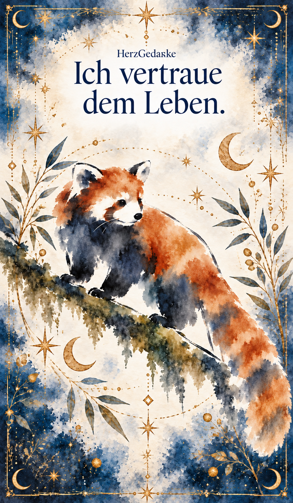 Ich vertraue dem Leben. HerzGedanke-Karte in Aquarell mit goldenen Ornamenten.