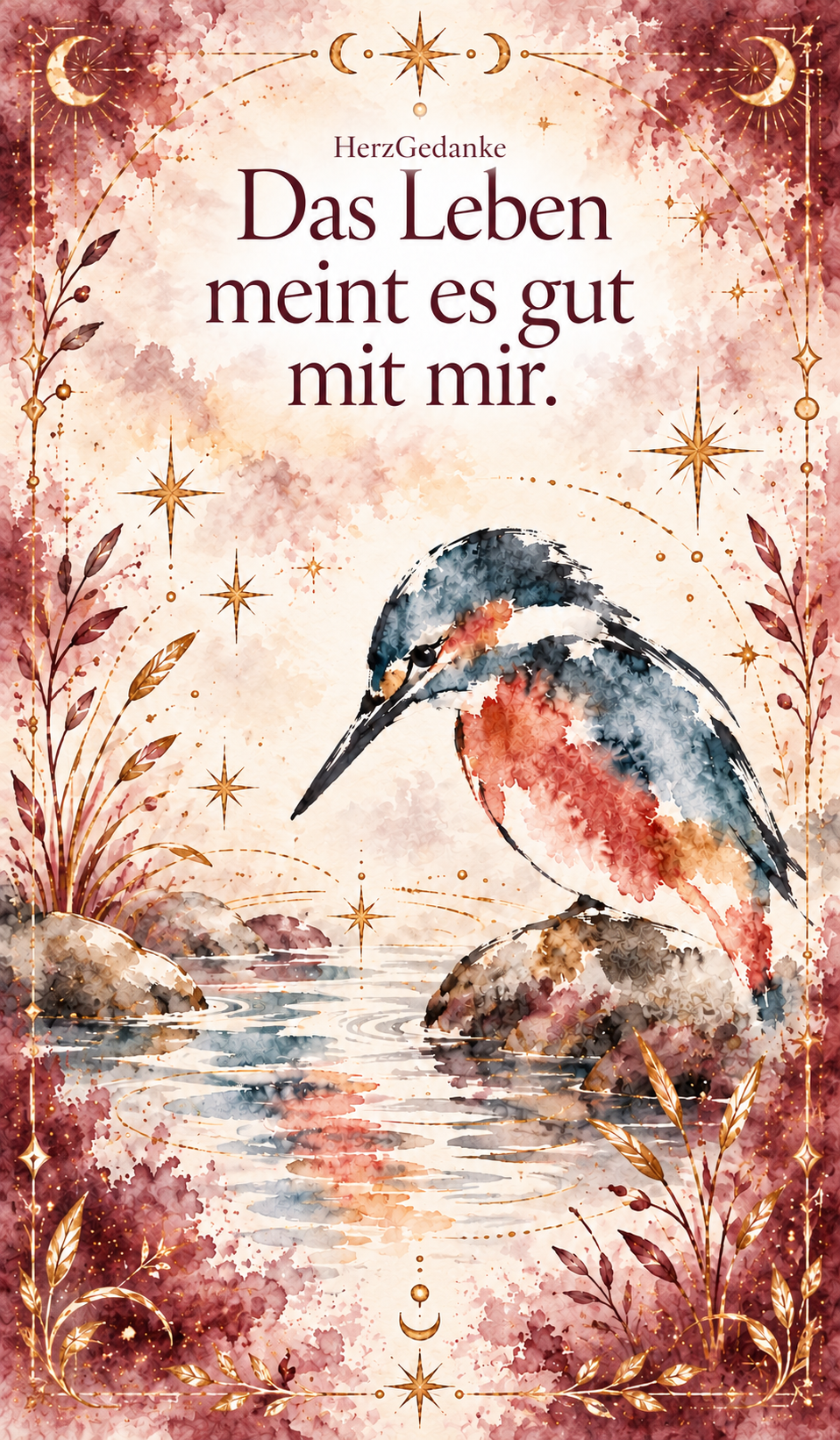 Das Leben meint es gut mit mir. HerzGedanke-Karte in Aquarell mit goldenen Ornamenten.