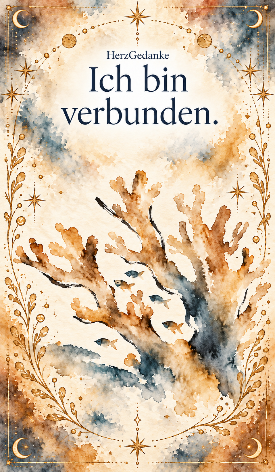 Ich bin verbunden. HerzGedanke-Karte in Aquarell mit goldenen Ornamenten.