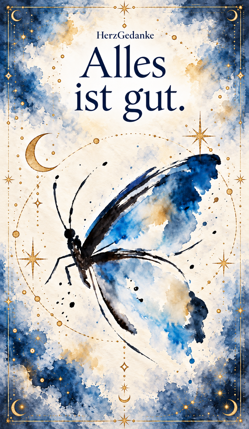 Alles ist gut. HerzGedanke-Karte in Aquarell mit goldenen Ornamenten.