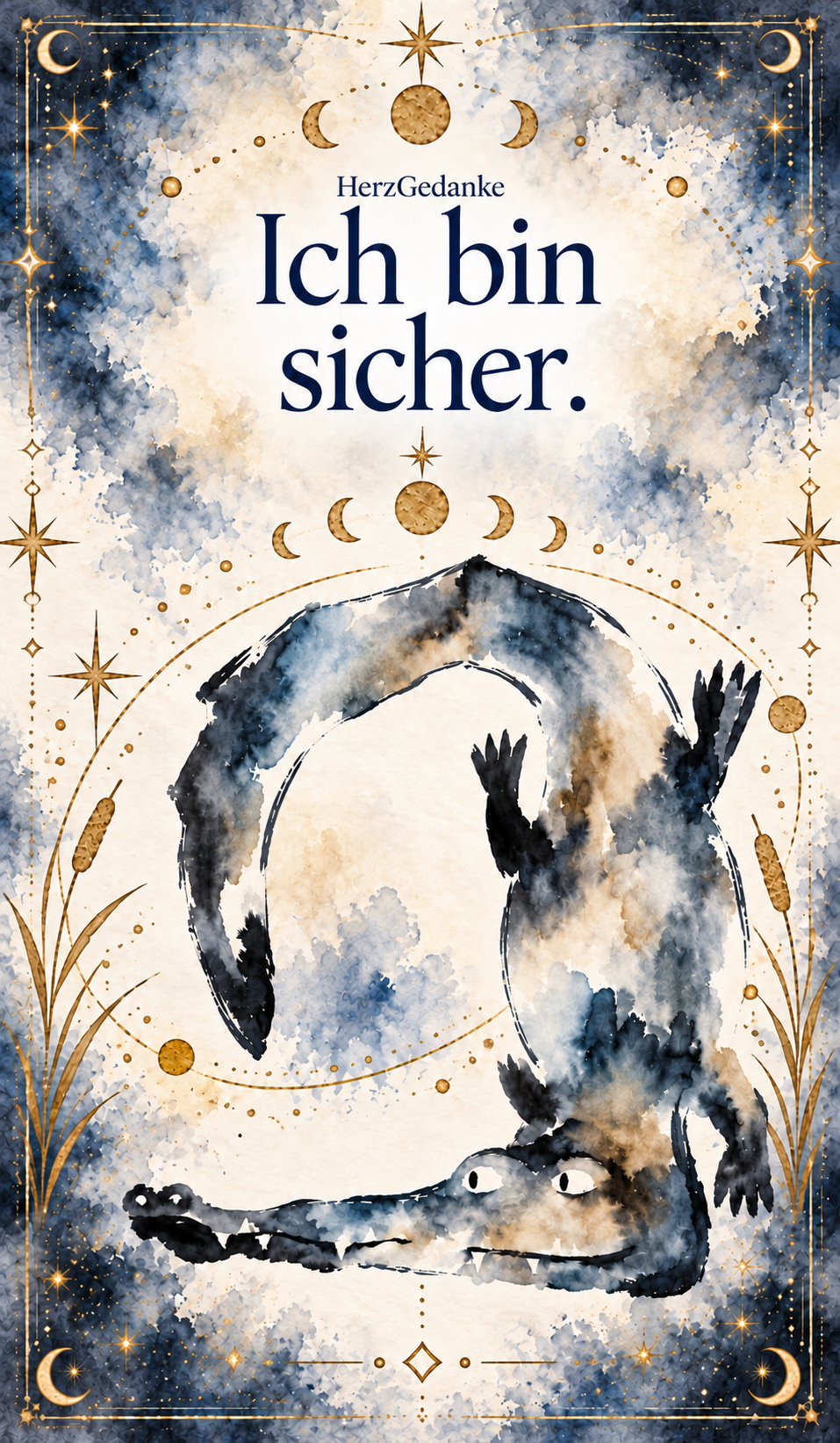 Ich bin sicher. HerzGedanke-Karte in Aquarell mit goldenen Ornamenten.