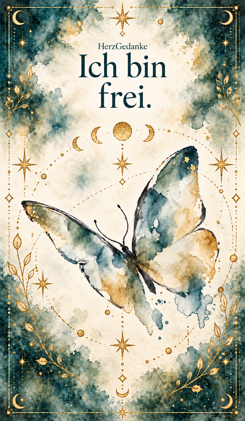Ich bin frei. HerzGedanke-Karte in Aquarell mit goldenen Ornamenten.