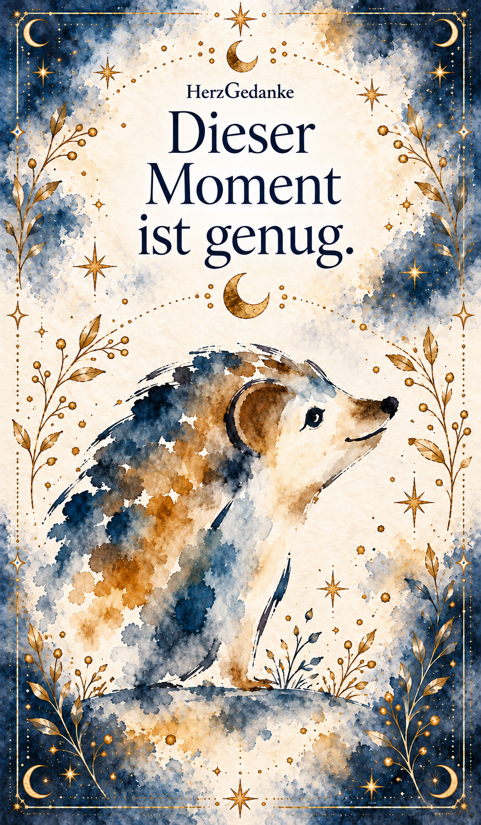 Dieser Moment ist genug. HerzGedanke-Karte in Aquarell mit goldenen Ornamenten.