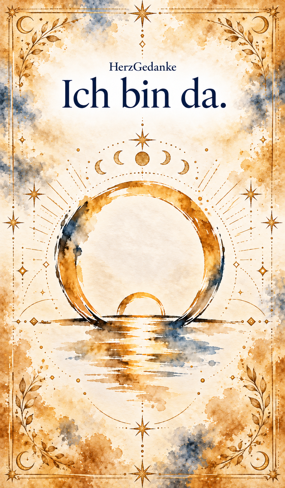 Ich bin da. HerzGedanke-Karte in Aquarell mit goldenen Ornamenten.