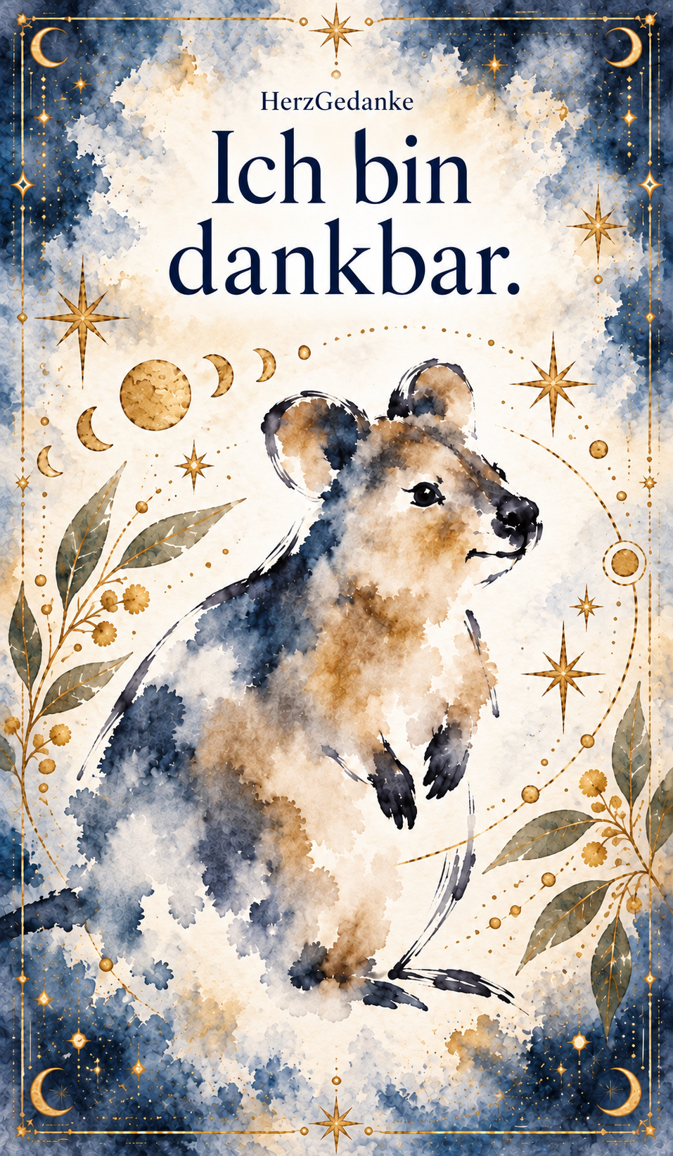 Ich bin dankbar. HerzGedanke-Karte in Aquarell mit goldenen Ornamenten.