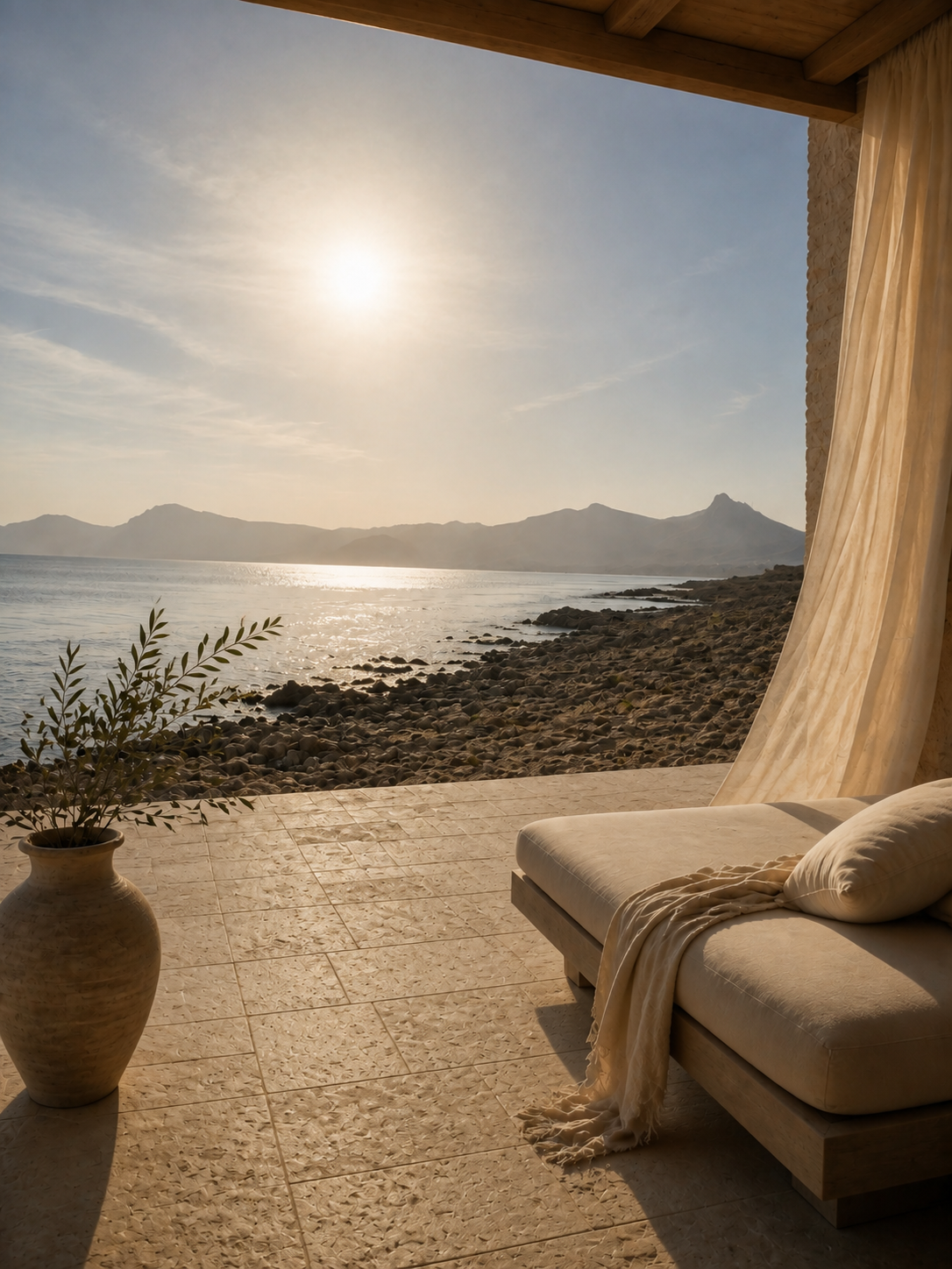 Exklusive, ruhige Terrasse mit Liege und weitem Blick auf das Meer